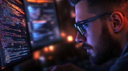 A software developer coding on three monitors in a sleek, modern office, with lines of code reflecting off their glasses as they focus intently