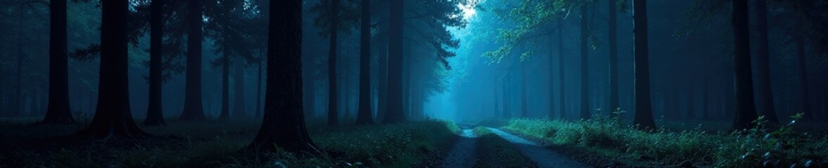 Fototapeta premium Dark forest with tall trees and a shadown on the ground, night sky, forest