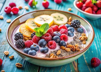 Close-up of a vibrant vegan breakfast, on a vintage pastel table.