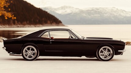 Obraz premium A black 1960s muscle car with a sleek and powerful design, captured in a stunning desert landscape. The vehicle's iconic profile stands out against the open landscape, reflecting its timeless design a