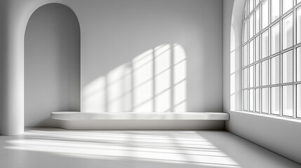 Fototapeta premium Modern Minimalist White Room Interior Design Sunlight Bench arch wall home space clean style decor 