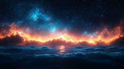 Fiery Sunset Above Dreamlike Cloudscape Starry Night Sky Celestial Fantasy Art Blue Stars Space     