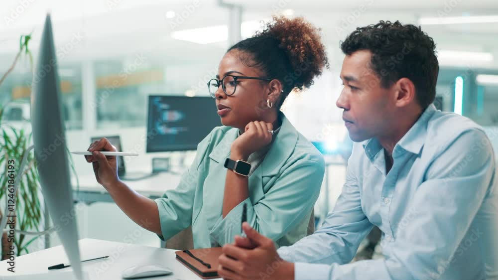 Poster Business people, software developer and writing with computer for UI, UX or app development at office. Businessman, woman or programmers with technology for web design, AI update or problem solving