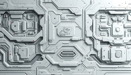 High-tech mechanical panel with layered geometric design and cybernetic details
