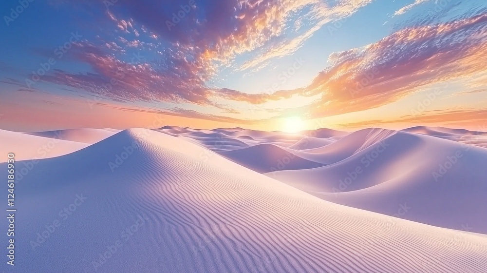 Poster golden sun dips below rolling dunes, casting a warm glow over the tranquil landscape. unique pattern