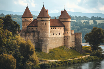 Stunning view of medieval castle with tall towers and red roofs surrounded by lush greenery and scenic hills. Majestic stone structure set against beautiful natural landscape