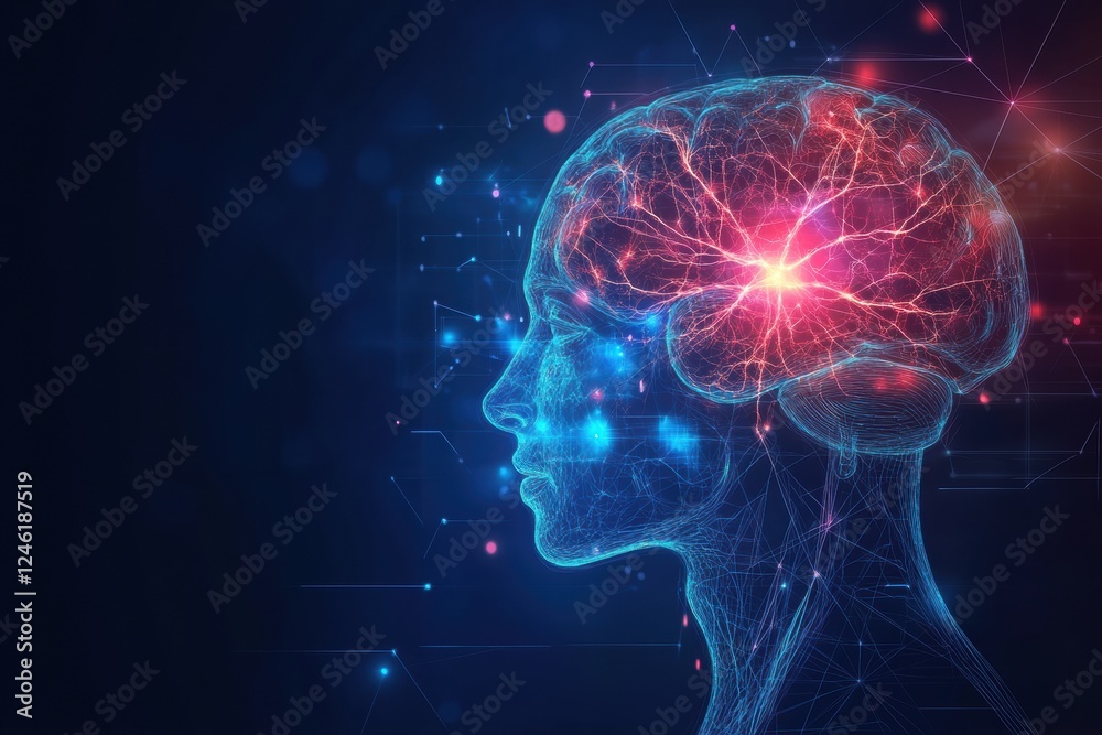 Poster scientific depiction of brain connections and electrical activity highlighting neuron pathways in a 