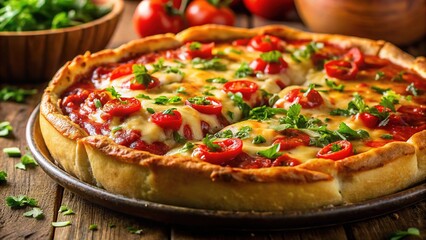 Deep-dish pizza perfection: a vintage photo of a delectable gourmet treat.