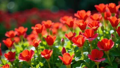 Obraz premium A sunny garden bed filled with a profusion of Red Turk's cap flowers, colorful, blooming