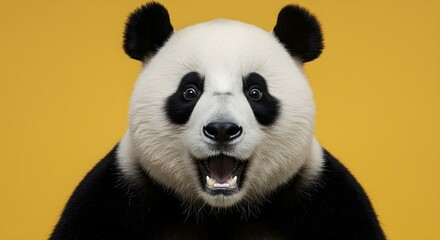 Fototapeta premium Surprised panda with wide eyes and mouth on vibrant yellow background