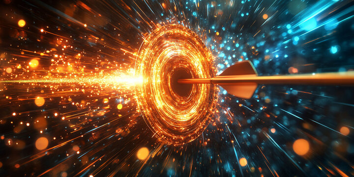 Arrow hits fiery target, cosmic background, success concept