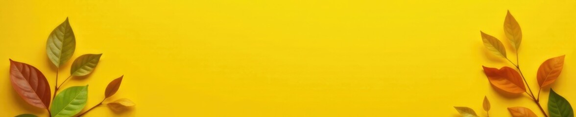 Fototapeta premium A square yellow background with a few leaves and stems, earthy, harmony, foliage