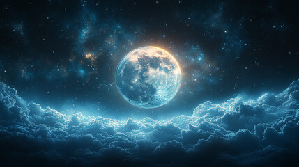 Full Moon Night Sky Celestial Cloudscape Dreamy Fantasy Art blue dark stars space light cosmic      
