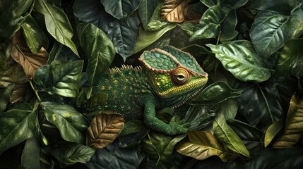 Chameleon in Lush Tropical Foliage: A Masterpiece of Nature's Camouflage
