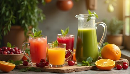 Fototapeta premium Refreshing Fruit Juice Drinks with Orange and Cherries