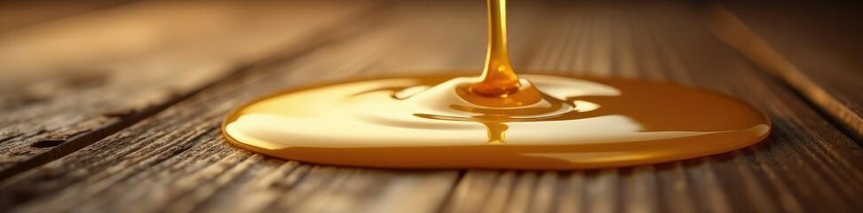 A slow dripping gold liquid forming a golden pool on wooden surface, liquid, drips, fluid