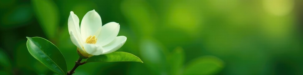 Fototapeta premium A single white magnolia flower on a bed of green leaves, spring blooms, botanicals, tree flowers