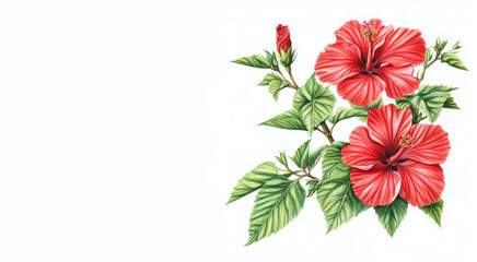Bright red Hibiscus flowers on white background, space for text or product. Tropical flowers, holiday, beach party theme. 