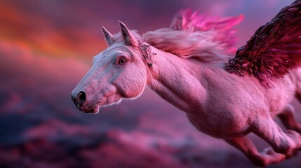 This stunning image showcases a magical pink Pegasus flying through a vibrant and colorful twilight sky, capturing the essence of fantasy and imagination in exquisite detail.