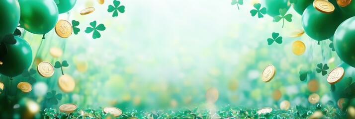 Festive green balloons and falling gold coins with clover leaves atmosphere