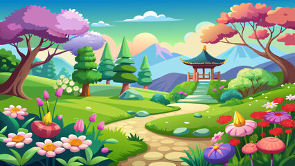 Naklejka premium Beautiful nature background. Natural view spring summer flower blooming in the garden green grass background. Sunny day zen garden colorful nature 