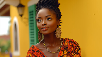 Young Black woman wearing traditional African print dress against yellow wall, cultural fashion portrait celebrating heritage