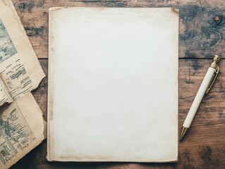Blank vintage paper, pen, book, wood, flatlay, design, mockup