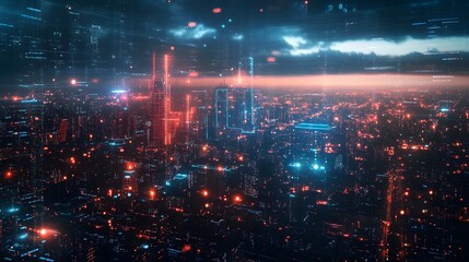 Fototapeta premium A cityscape with a bright blue sky and a few clouds. The city is lit up with neon lights and the sky is filled with stars. Scene is futuristic and vibrant