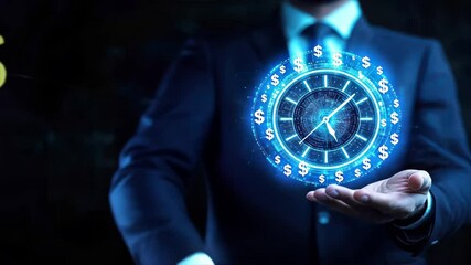 Businessman holding a clock and money icon in glowing digital background, Represents professional deadlines, time management, goal setting, and financial priorities