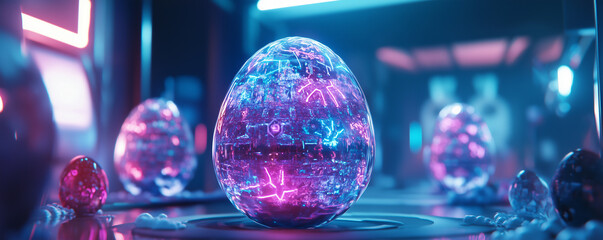 Scientists conduct advanced experiments in AI laboratory with luminous orbs and high-tech equipment