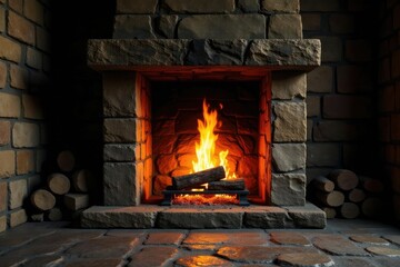 Ancient stone fireplace with large flames and sparks, ash, rustic decor, flames