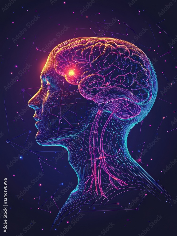 Poster scientific illustration showcasing the brain and nervous system with vibrant neuron pathways and ele