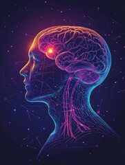 Scientific illustration showcasing the brain and nervous system with vibrant neuron pathways and electrical activity visualization. Generative AI