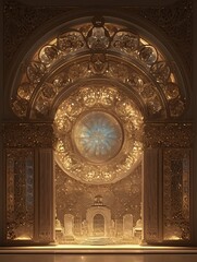 A golden magical portal on an ancient island connected to an ancient city from a fairy tale