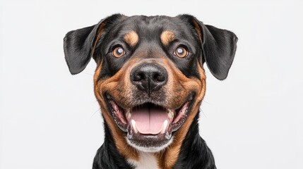 Fototapeta premium Happy Rottweiler dog portrait, studio shot, white background, pet adoption