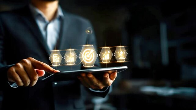 Businessman holding a tablet displaying a professional deadlines icon, Represents time management, goal setting, and task prioritization