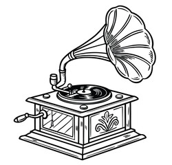 Retro gramophone vinyl player illustration evokes antique music sound with its old design and brass details