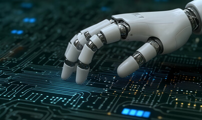 Robotic hand interacting with a circuit board, representing artificial intelligence and technological advancement.  High-tech future concept.