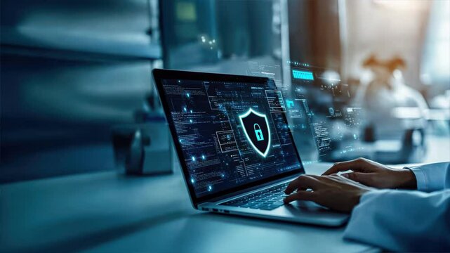 A medical professional uses advanced security technology on a laptop with digital shield and lock symbols, representing healthcare data security, medical data security, and secure health data