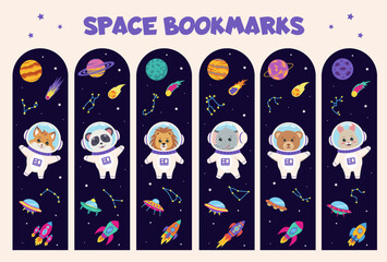 Set of space bookmarks for children. Boolmarks with space elements: planets, comets, rockets, spaceship and animal astronauts: bear, panda, lion, fox, rabbit, elephant. Stationery for kids.