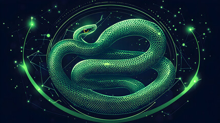 Digital illustration of a snake, futuristic design, abstract background, for graphic design, or educational material
