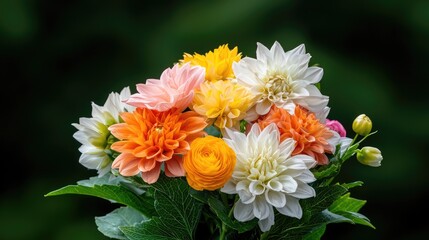 Colorful dahlia bouquet, garden setting, blurred background, floral arrangement