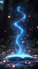 Enchanted book releasing magical sparks in a mystical forest at twilight