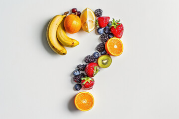 question mark in the form of fruit, white background.