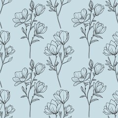 Seamless Pattern Botanical Magnolia Outline Branch Small Design on Pastel Blue Background