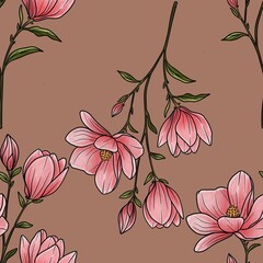 Seamless Pattern Delicate Magnolia Branch Big Design on Mocha Mousse Background