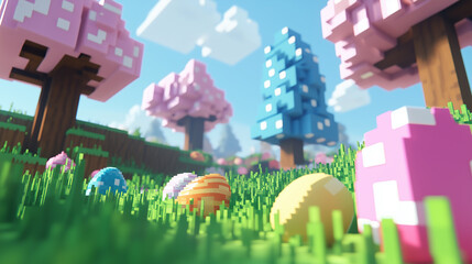 Colorful pixelated Easter landscape with blocky grass and vibrant trees under a clear sky