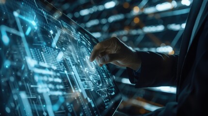 Businessman holding a tablet and interacting with a holographic blockchain network. Close-up of hands and digital data fields floating around emphasizing modern technology.