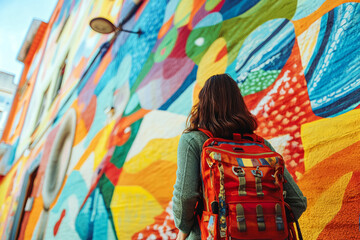 Fototapeta premium Person admiring a colorful street art mural on a wall