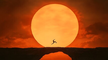 Obraz premium Silhouette of a Person Jumping Against a Large Orange Sun Setting